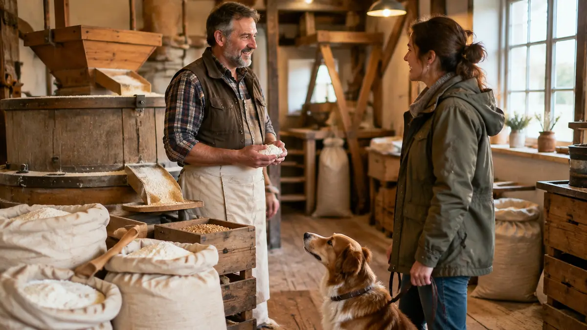 Kleine traditionelle Mühle eines Familienbetriebs mit Mehlsäcken und Holzkisten