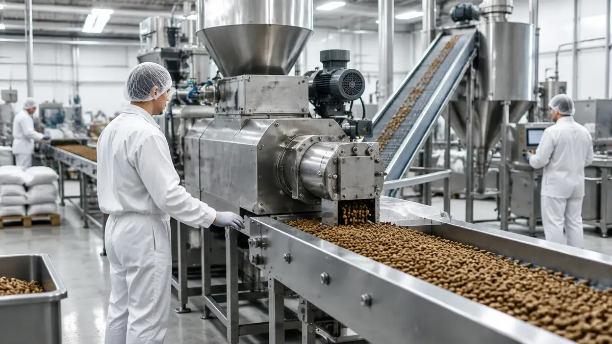 Produktionshalle für Trockenfutter mit Edelstahl-Extruder und Förderbändern