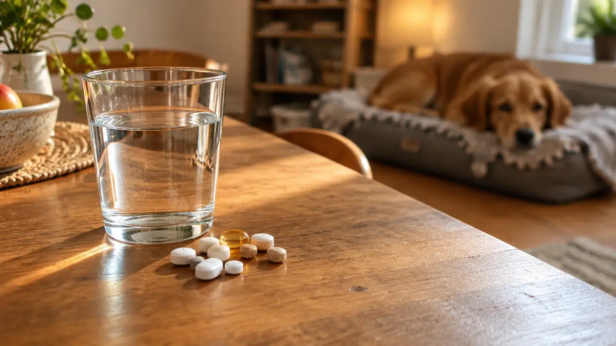 Tabletten und ein Glas Wasser auf dem Küchentisch, im Hintergrund ein Hund