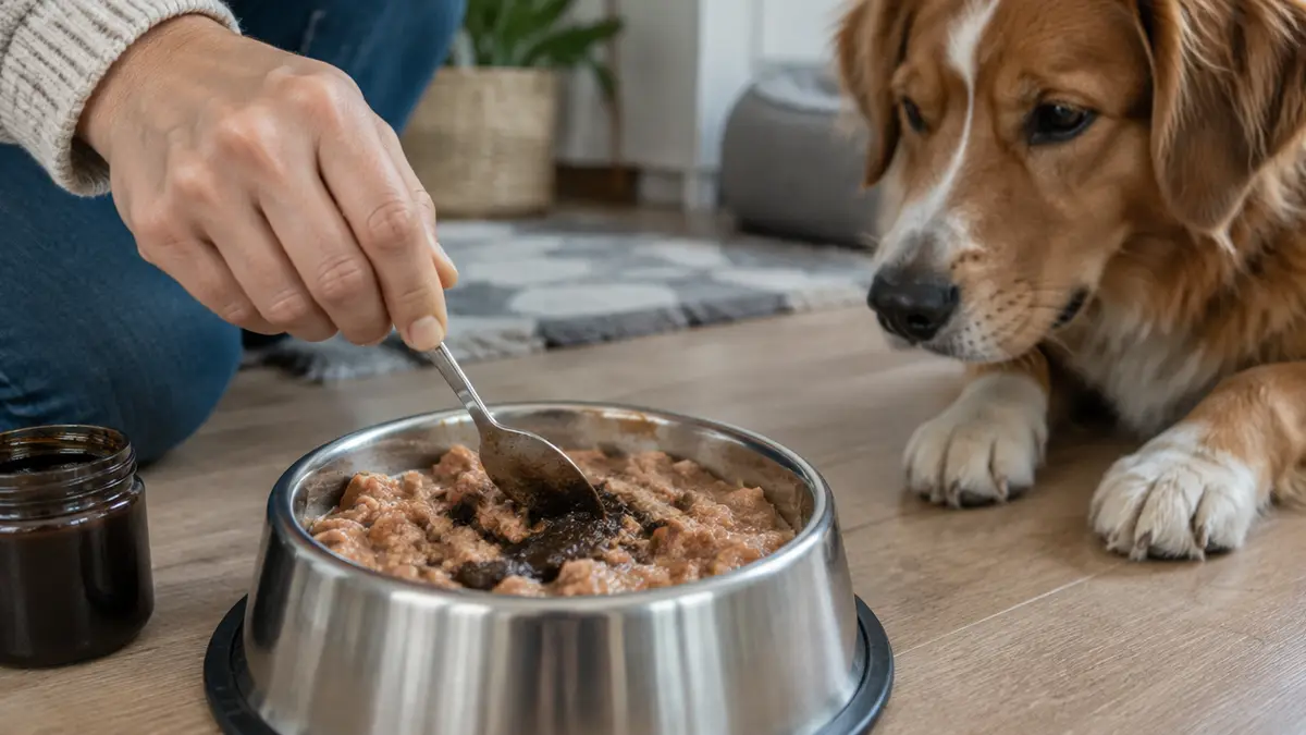 Paste wird mit einem Löffel unter das Futter im Napf gemischt