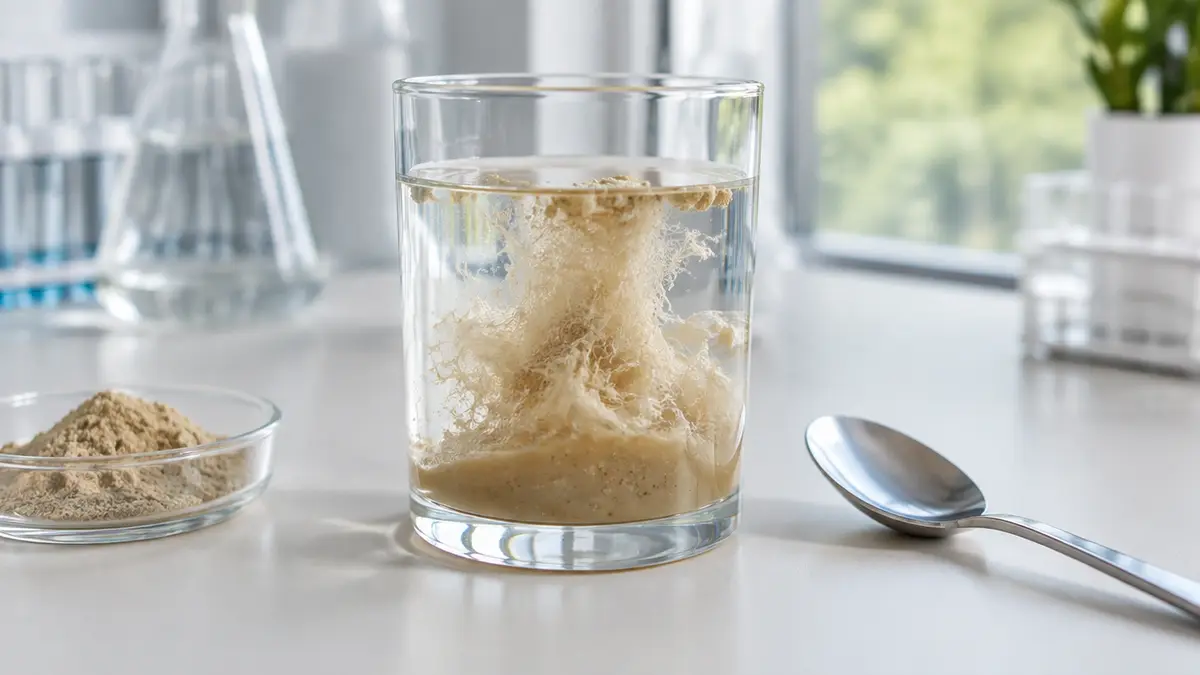 Ulmenrinden-Pulver quillt in Wasser zu einem Gel in einem Glas